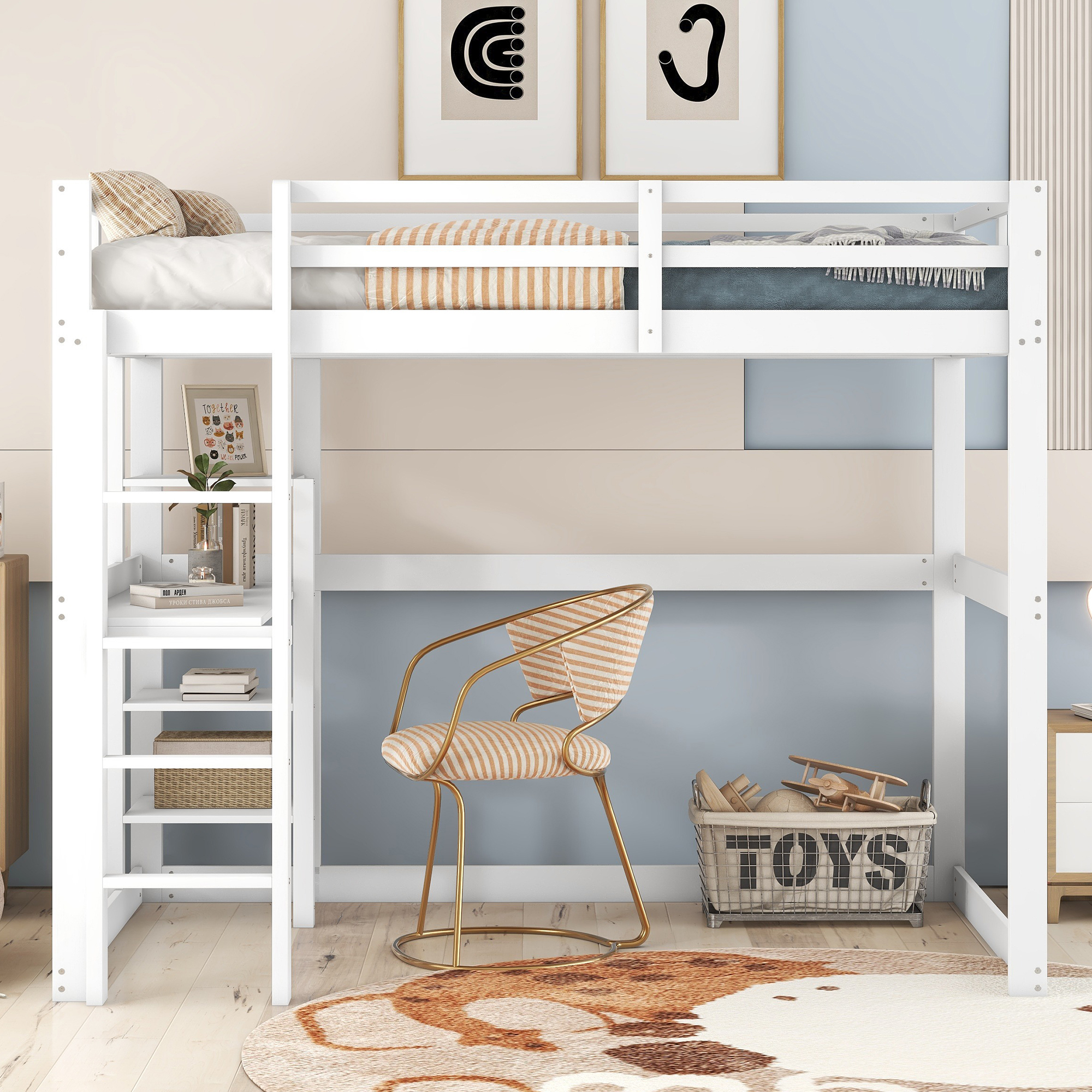Sweiko Kinderbett Hochbett Bettgestell mit Stauraum, komplett aus Kiefer, mit 4 Ablagefächern und einer Schreibtischplatte, weiß, 140 X 200 cm