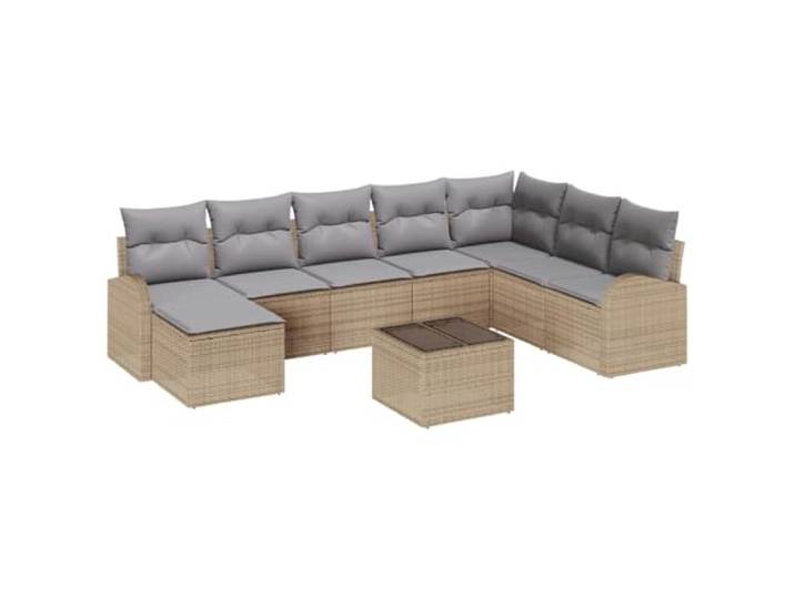 Makastle Poly-Rattan Modulares Sofa-Set 9-Teilig 289 x 179 x 85 cm Beige und Hellgrau mit Kissen, Sitzkapazität 7 Personen, Max. Tragkraft 770 kg, 76,6 kg