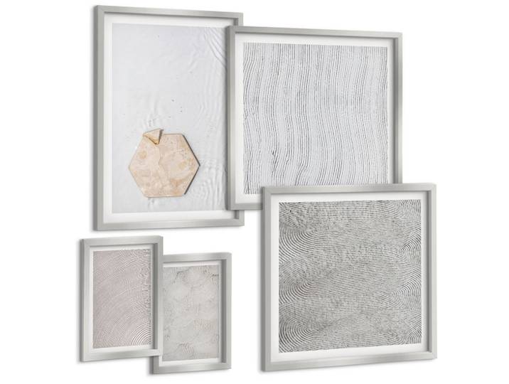 BILDER SET 5er Set - 50x50 cm & 20x30 cm & 40x60 cm Silberner Rahmen - Leichte Boho-Sandtexturen