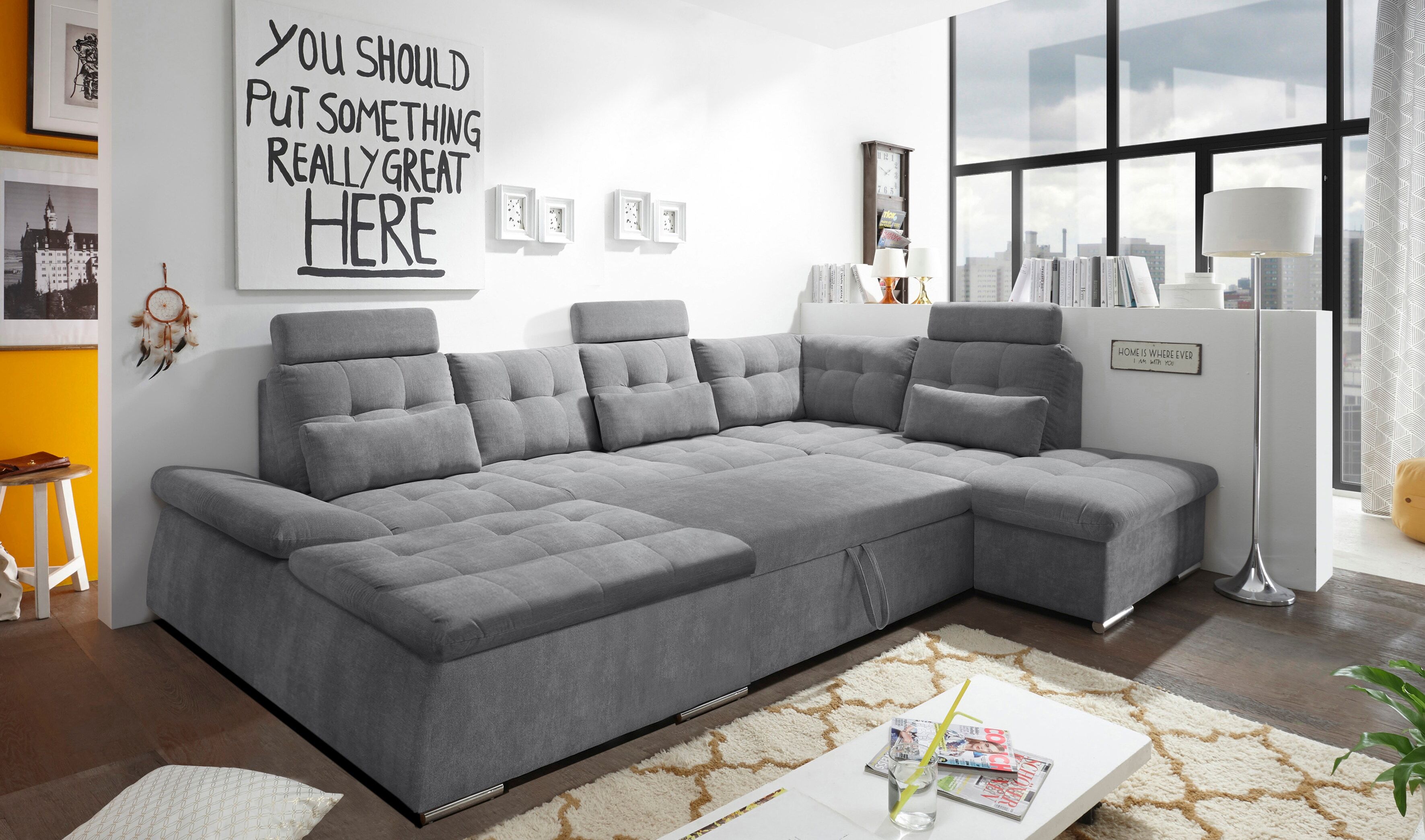 Wohnlandschaft ED EXCITING DESIGN "Nalo U-Form mit Bettfunktion, Bettkasten", grau (dunkelgrau), B:324cm H:103cm T:219cm, 95% Polyester, 5% Nylon, Sofas, Wohnlandschaft, Armteilverstellung, Kopfstützen & 3 Nierenkissen dunkelgrau B/H/T: 324cm x 103cm x 21