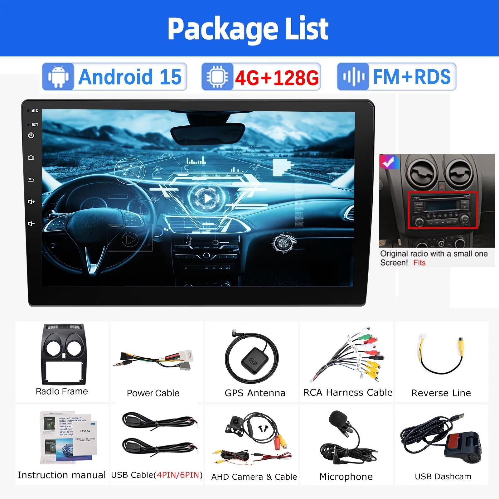 Autoradio für Nissan Qashqai J10 - 2-DIN-Multimedia-Player - 9-Zoll-Touchscreen - Android 15 - 4 GB RAM/128 GB Speicher - Kabelloses CarPlay und Android Auto - DVR-Kamera
