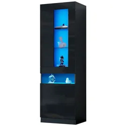 MODFU Vitrine 50x40x180 cm mit LED-Beleuchtung und USB Anschluss Schwarz, Hochglanzfront, Glasböden, Stauraum mit Türen, modern