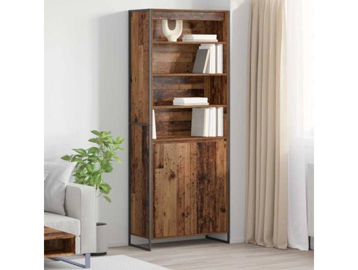 Eleganter hoher Schrank mit rechteckiger Form und Holzwerkstoff in Altholz - Industrieller hoher Schrank für Wohnzimmer und schlanker Aufbewahrungsschrank mit Stahlbeinen im