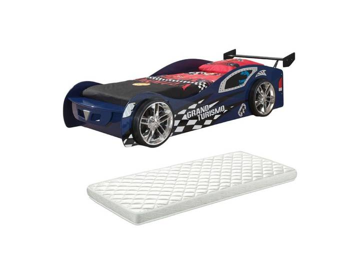 TURBO - Lit Voiture 90x200cm Bleu Style Racing avec Matelas
