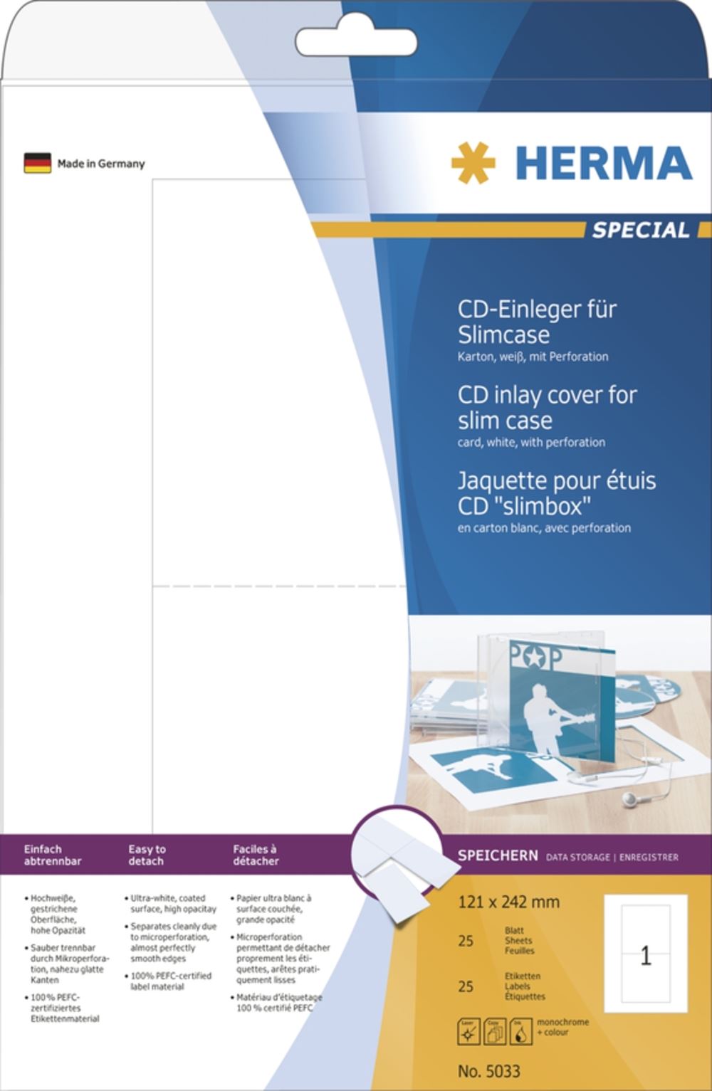 Herma 25 CD-Einleger für Slimcase A4 121x242 mm Etiketten für Archivierung (5033)