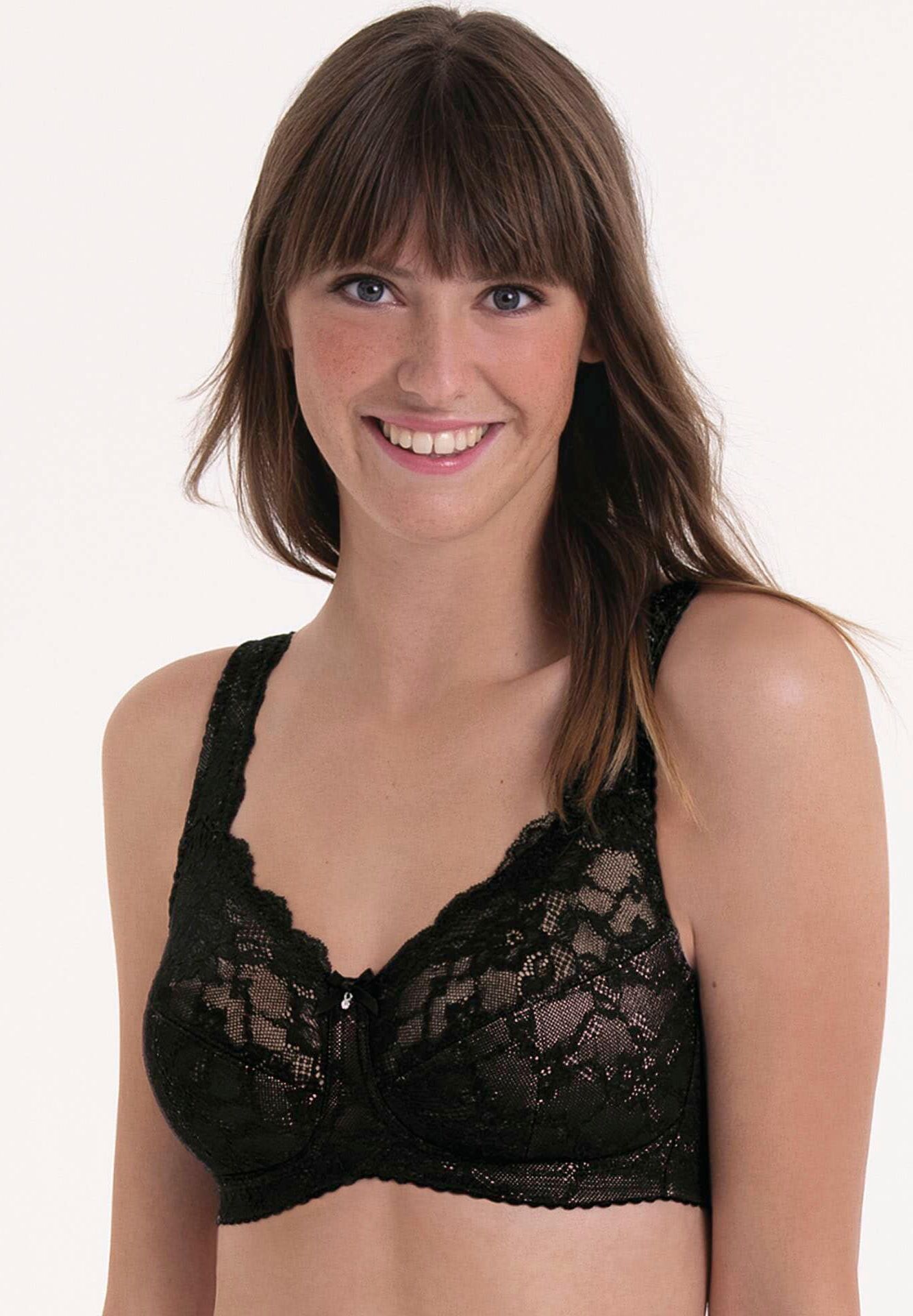 Bügelloser BH ROSA FAIA "Bobette", Damen, Gr. 90, Cup F, schwarz, Obermaterial: 92% Polyamid, 8% sonstige Fasern, unifarben, BHs Bügelloser BH, ohne Bügel, mit Spitze, 3-geteilten Cups, Komfortträger, feminin