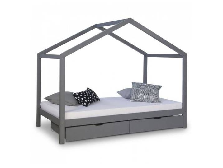 Lit D'Enfant avec matelas 90x200 Lit Maison Lit Cabane Lit Montessori Lit Bois Gris Tiroir