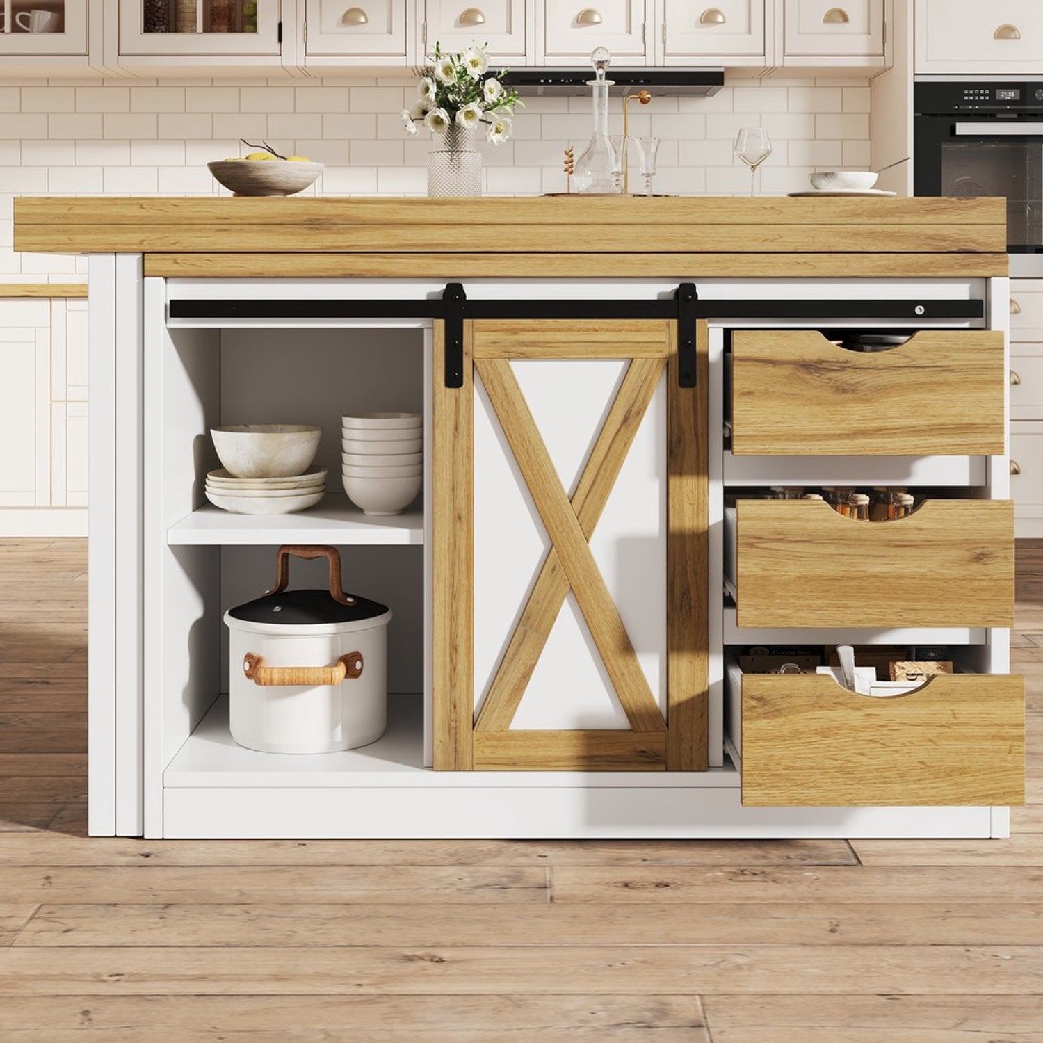 Pugsdrly Multifunctioneel keukeneiland met eettafelverlenging en schuurdeur-design, retro stijl met lades en uitneembare wijnfleshouder, Breedte: 120 cm tot 197 cm