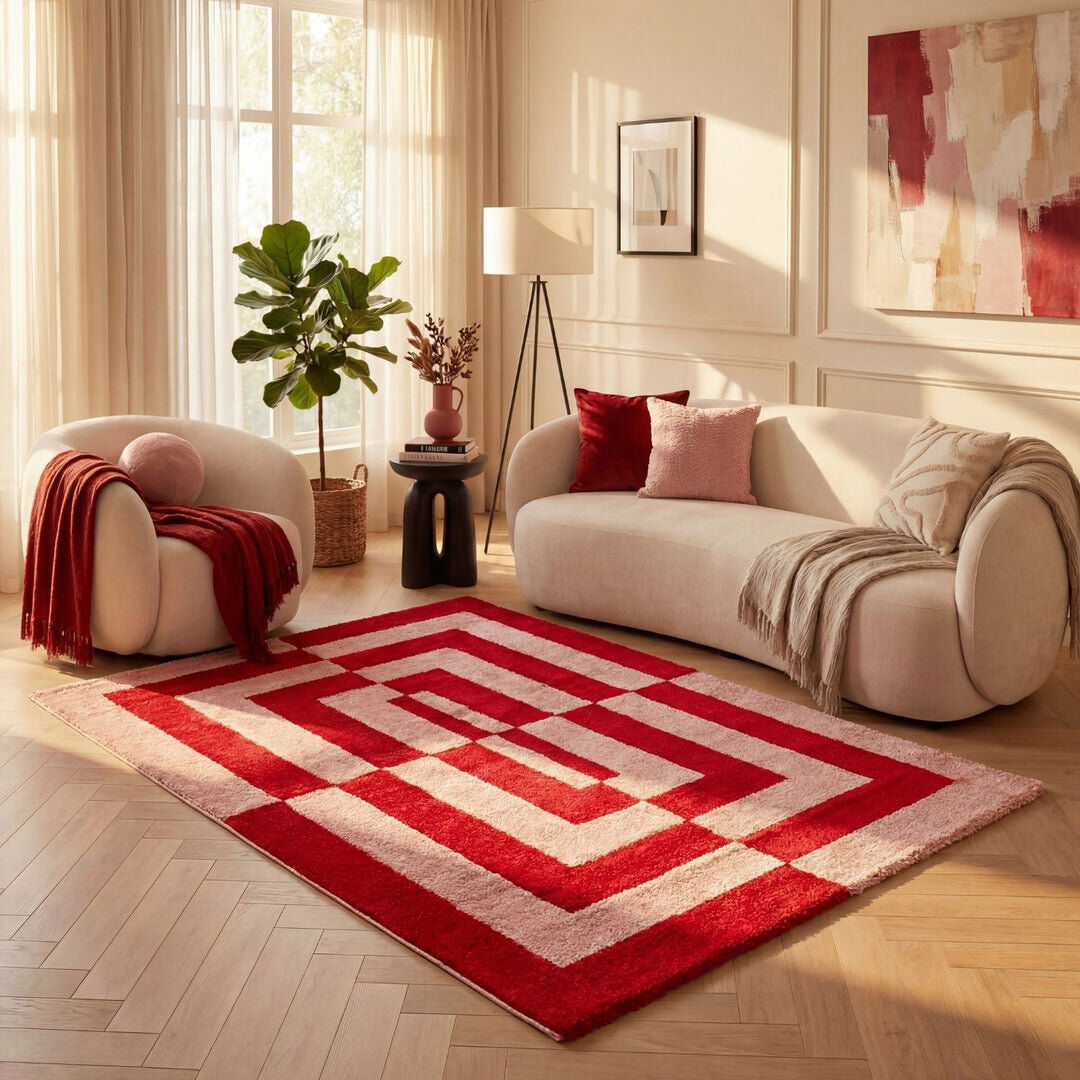 THE RUGS Joli Geometric Area Rug Soft Dense Pile for Living Rooms and Bedrooms Red/Pink Rectangle 80 x 150 cm