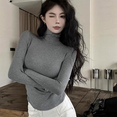 Trendy Discount Goods Winter Women Classic Long Sleeve Turtleneck Tops, Comfortable Thermal Pullover, Female Retro Versatile Elastic gray s