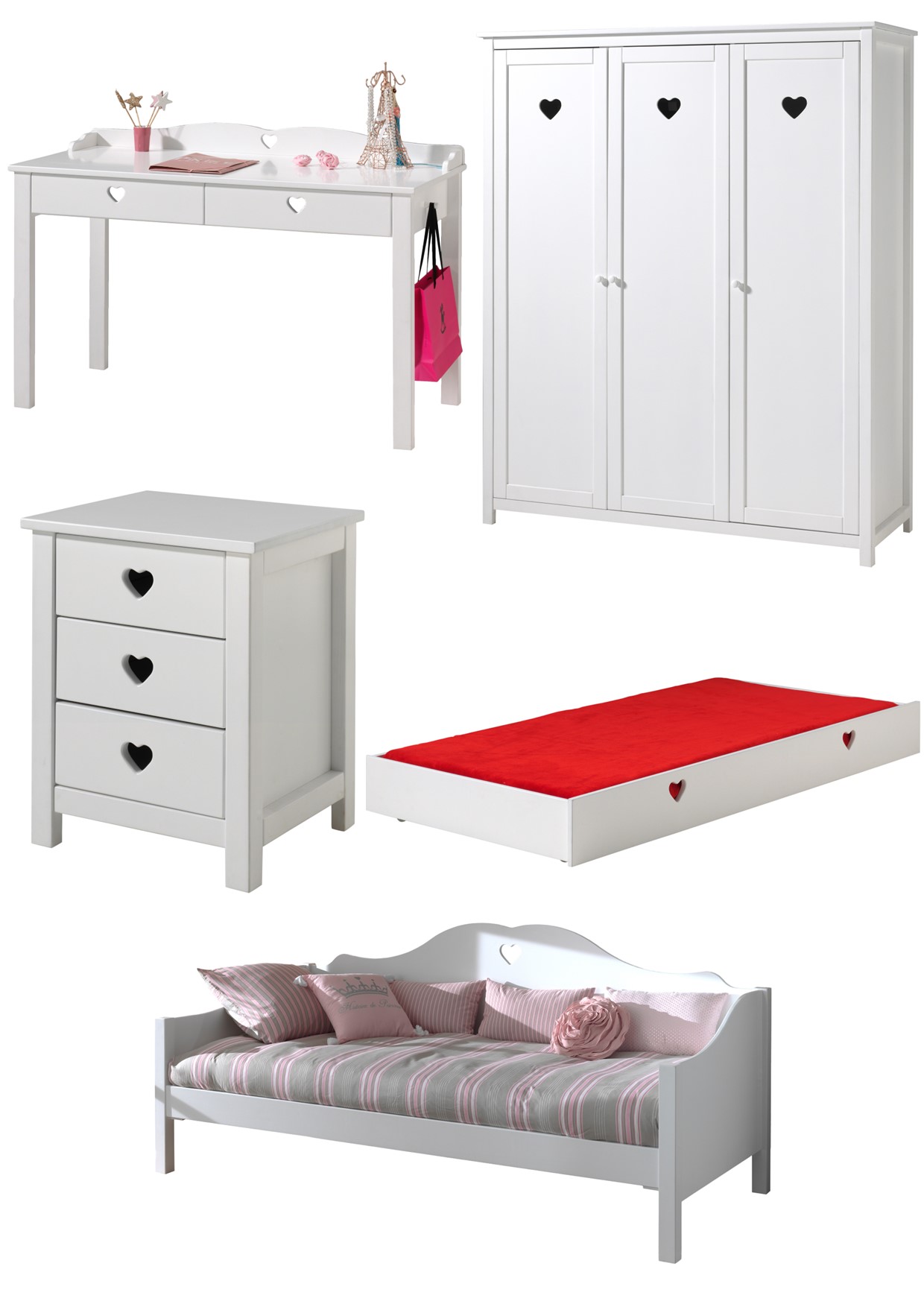 Diese Amori-Kombination besteht aus einem Amori-Kapitänsbett 90x200 cm, einem Amori-Rollbett, einem Amori-Nachttisch, einem Amori-Kleiderschrank mit 3 Türen und einem Amori-Schreibtisch.