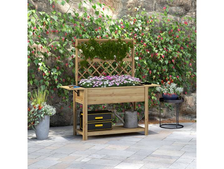 Outsunny Jardinière Pieds Treillis Bois 2 Tablettes Rabattables