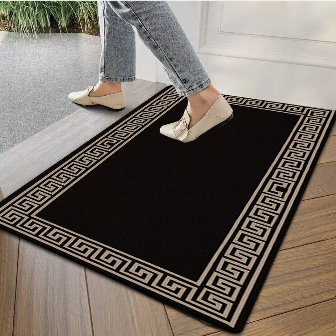 Canora Grey Plain Rug with Greek key Bordered Gel backed Rug Amorrah Black/Beige Rug Rectangle 80 x 300cm