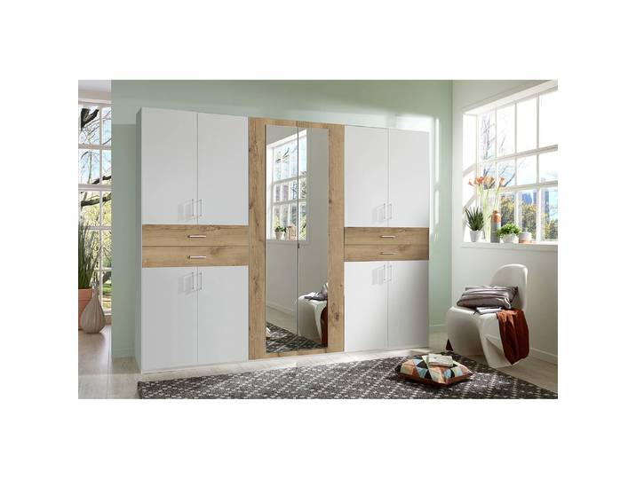 Drehtürenschrank Taiga 270cm Weiß/Beige/Alpinweiß/Plankeneiche Dekor