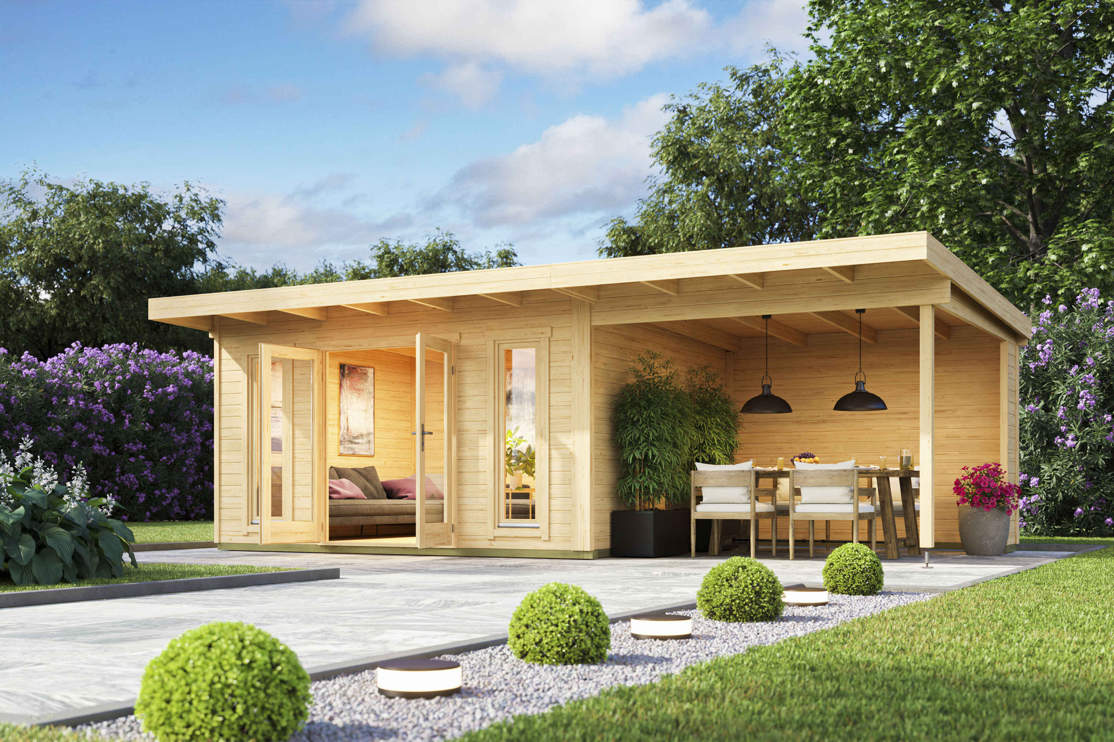 Gartenhaus-Anbaudach LASITA MAJA "für Gartenhaus Sicily 1 und 2", beige (naturbelassen), B:310cm T:440cm, Massivholz, Gartenhaus-Anbaudächer, Gartenhaus-Anbaudach, BxT 300x350 cm