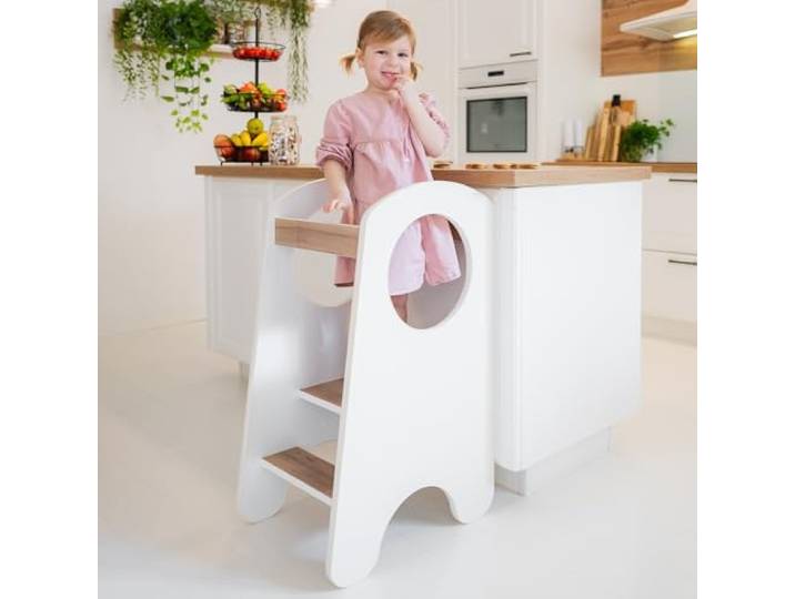 KIDIE Kinder Lernturm ab 1 Jahr, Montessori Höhenverstellbar Lernstuhl Baby, Toddler Learning Tower - Weiss