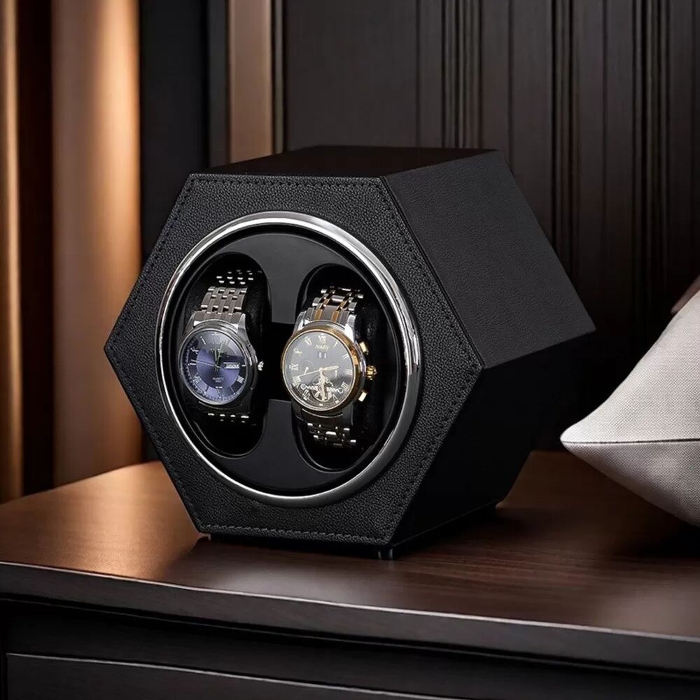 INF Hexagonale Uhrenbeweger-Box für 2 Uhren mit USB-C-Stromversorgung Schwarz