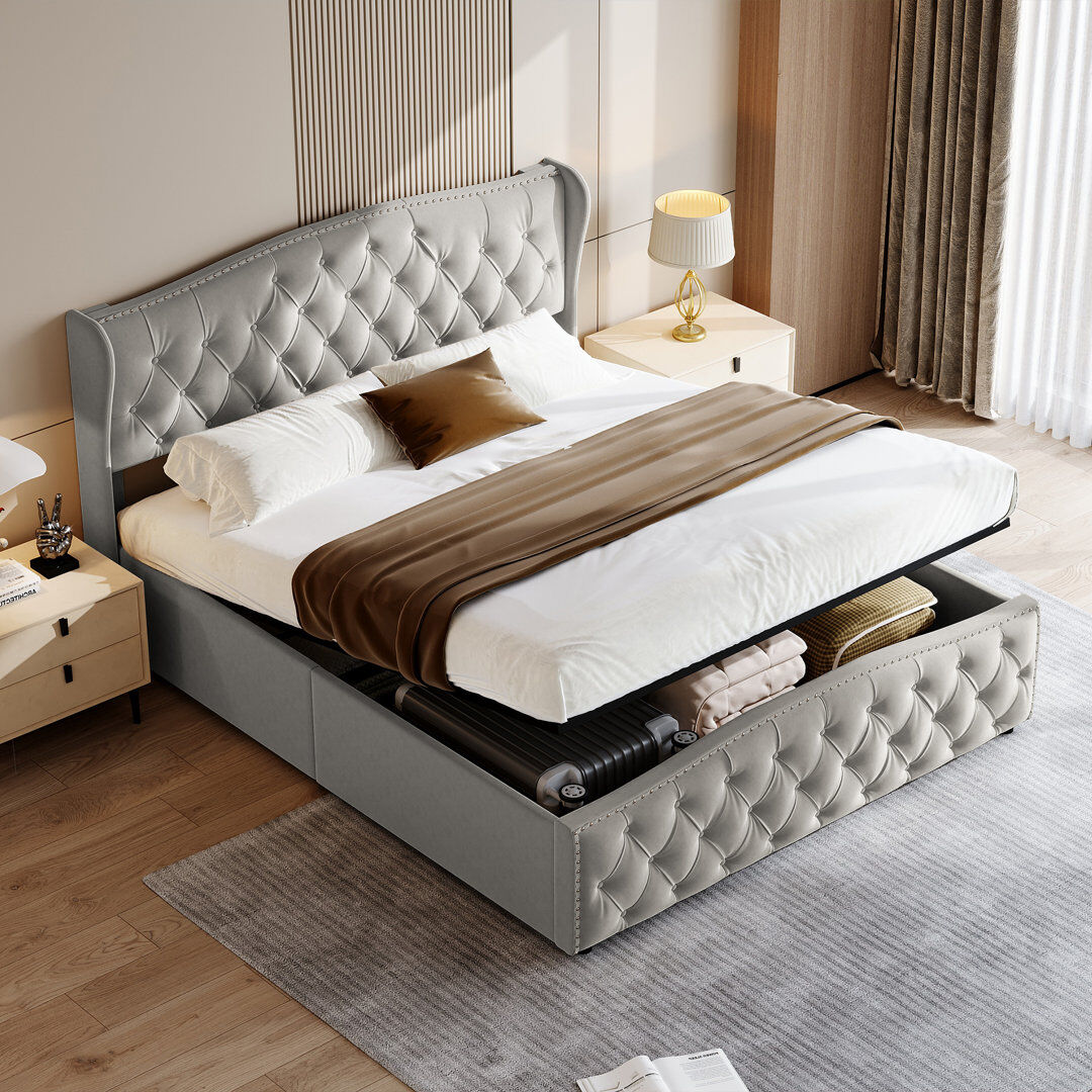 Harriet Bee Tymvou Upholstered Ottoman Storage Bed Frame With Tufted Headboard Grey Double (4'6)