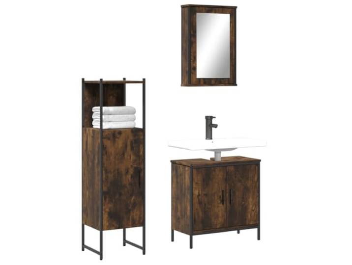 3-tlg. Badmöbel-Set Räuchereiche Holzwerkstoff mit Spiegel und Schrank Wandmontage, viel Stauraum, klare Spiegelfläche, feuchtigkeitsbeständig, platzsparend