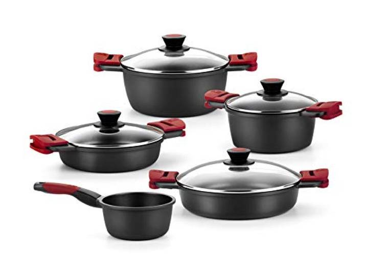 BRA Premiere 9-teiliges Antihaft-Kochgeschirr-Set, Aluminiumguss Inklusive abnehmbaren Griffen, PFOA-frei, geeignet für alle Herd- und Ofentypen, Backofengeeignet, Abnehmbare Griffe
