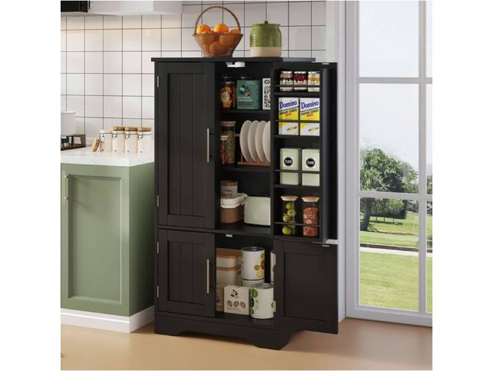 Buffet de cuisine 4 portes avec LED étagères réglables 120x60x40 cm MDF noir design moderne TYNQER