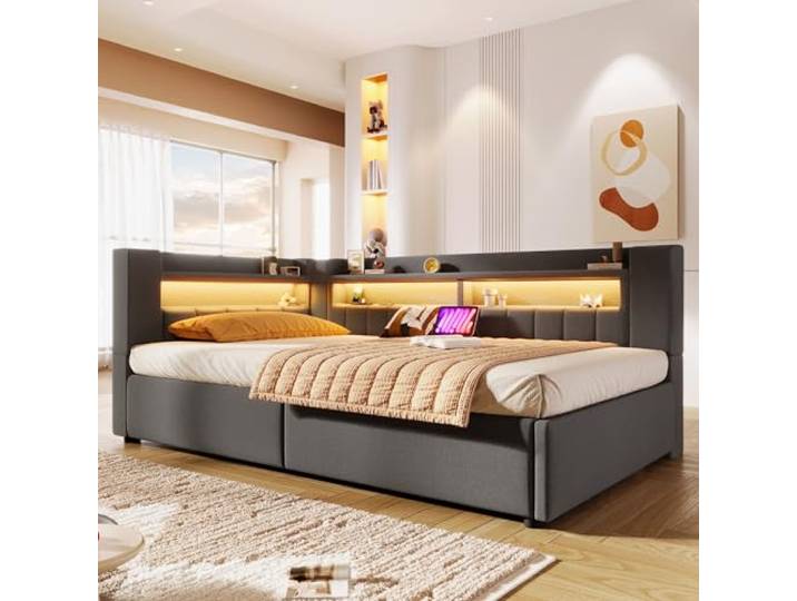 BTM Tagesbett 90 x 200 cm mit Ladefunktion Stauraumbett Schlafsofa Polsterbett mit LED (ohne Matratze), Einzelbett, Grau