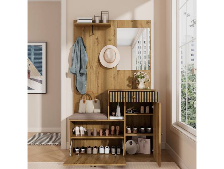 Ensemble de penderie compacte PINGGO avec miroir et coussins, étagère murale pour couloir, panneaux de penderie, armoire à chaussures pour rangement de couloir