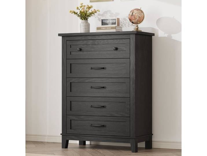 KOIOPLIE Commode haute 5 tiroirs 105 cm meuble de rangement vertical en bois autoportant grands tiroirs Noir