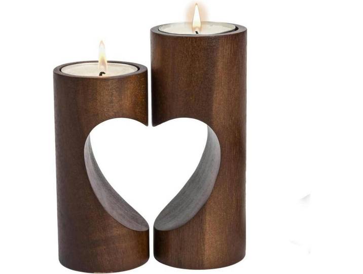 Teelichthalter Set Holz Herz 2-teilig Braun, 11.7 cm, Dekoration, Kerzen & Kerzenhalter, Teelichthalter