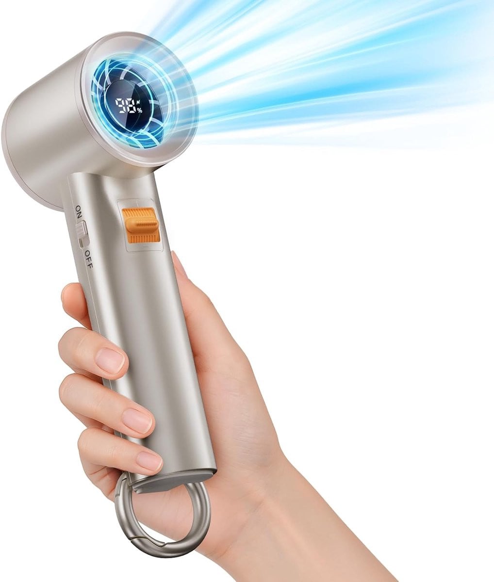 Draagbare Mini Handventilator met 3000mAh Oplaadbare Batterij en 100 Snelheden, Digitaal Display en USB-C, Amber Goud