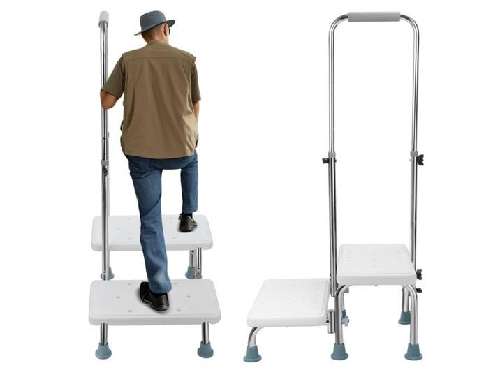 Marchepied conception à double couche poignée réglable plate-forme antidérapante Charge maximale 160kg Pédales élargies Blanc