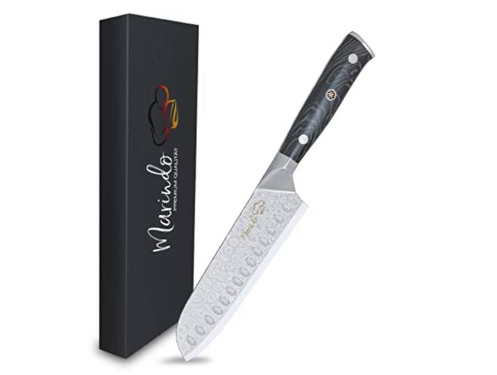 Marindo® Santoku Damastmesser aus Damaszener Stahl 17,8 cm Klinge japanisches Damast Küchenmesser mit Kullenschliff & stabilem Holzgriff Santoku Messer Damast mit Geschenkverpackung