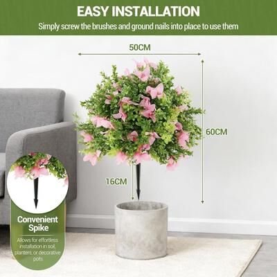 YUN Set of 2 Artificial Boxwood Topiary Ball Trees with Pink Flowers