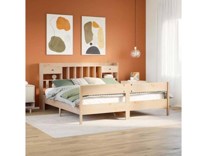 RJPLMFV Bücherbett, massives Kiefernholz, 180 x 200 cm Ohne Matratze, Lattenrost inklusive, integrierte Aufbewahrung, Bettfuß, Stabilisator