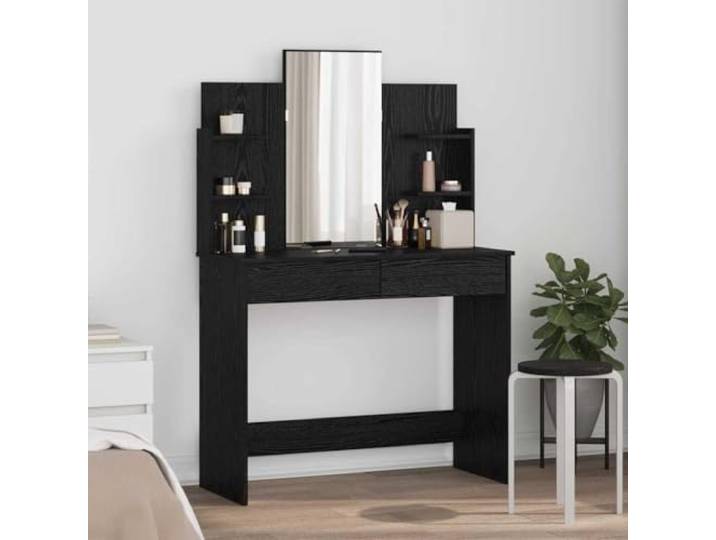 Schminktisch mit Spiegel Eiche Schwarz 96x39x142cm Glattes Holzwerkzeug, ausziehbare Schubladen mit Rollen, Regalböden, integrierter flacher Spiegel, einfache Wartung