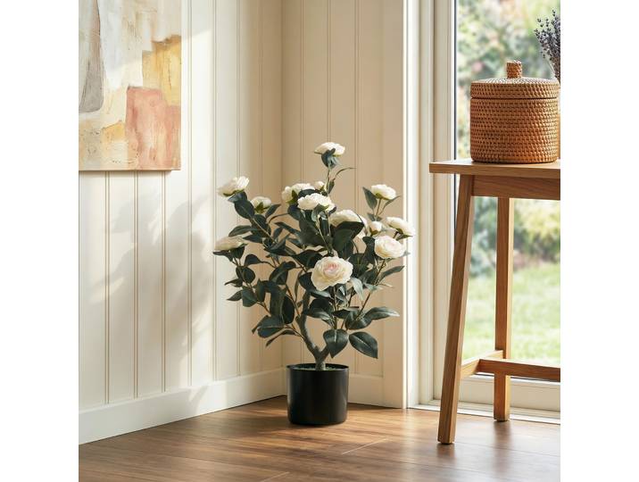HOMCOM Plante Artificielle Camelia 65cm Pot Fleurs Soie Réaliste