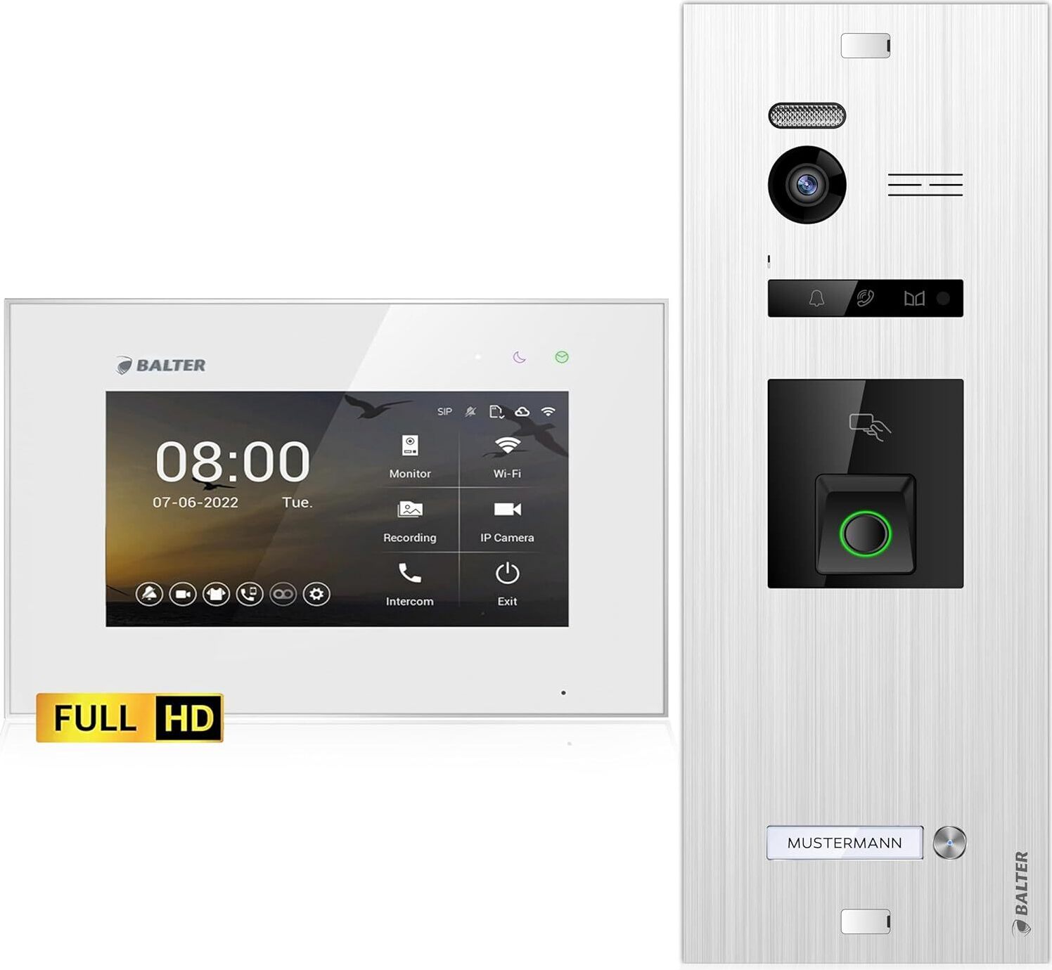 HD Video Türsprechanlage mit Fingerprint und RFID für 1 Familienhaus, 1x Monitor, Balter EVO HD Fingerprint