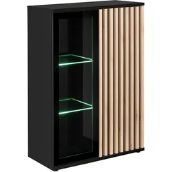 VITRINE schwarz, Eiche Jackson 80 cm, Vitrinenschrank mit 3D-Lamellen inklusive Beleuchtung
