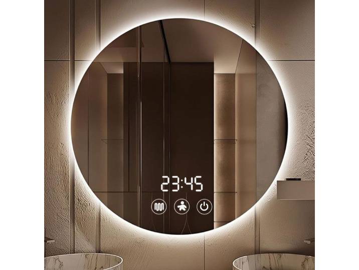 Miroir De Salle De Bain HOMPANY Détecteur Mouvement Anti-buée Horloge Température Tactile LED 3 Couleurs Mémoire 80x80cm