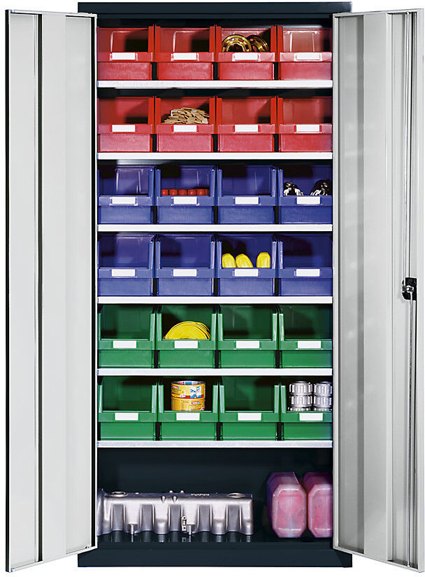 Materialschrank aus Stahlblech, mit 24 Sichtlagerkästen, lichtgrau RAL 7035 / verkehrsrot RAL 3020 eurokraft pro