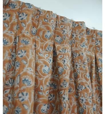 Fabdivine Pleated Linen Curtain Floral Block Print Drapery Green Window Treatments Vintage Panels Living Room, Saraswati