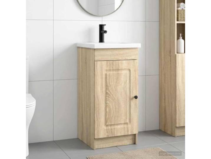 Badezimmerschrank mit Waschbecken Sonoma-Eiche, Holzwerkstoff, inkl. Mit Wasserhahn, schwarze Metallknöpfe, Scharnier-Türen, Einlegeböden, langlebiger Holzwerkstoff