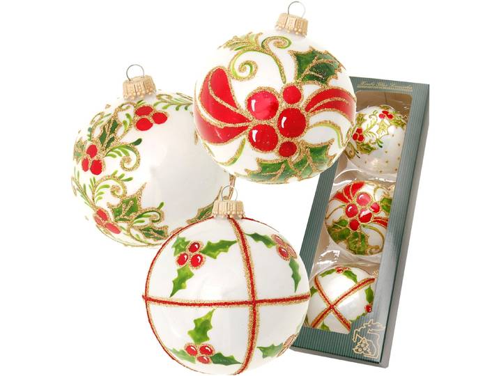 Weihnachtsbaumkugel KREBS GLAS LAUSCHA Stechpalme, mundgeblasen und handbemalt , rot (weiß), Ø:8cm, Glas, Weihnachtsbaumkugeln, Weihnachtsbaumkugel, Weihnachtsdeko, Christbaumschmuck, Christbaumkugeln aus Glas