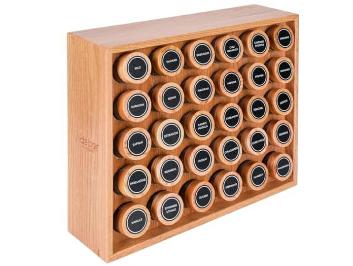Adabor Gewürzregal aus Eichenholz stehend oder für Schublade - Spice Rack Gewürz Organizer mit 30 Gläsern - Gewürzgläser mit Deckel aus Holz + Streueinsätze+ 144 Etiketten+ Stift (Eiche natur)