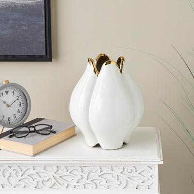 ARCILLA ELEMENTAL White Ceramic Dimensional Tulip Shaped Vase with Metallic Gold Rim