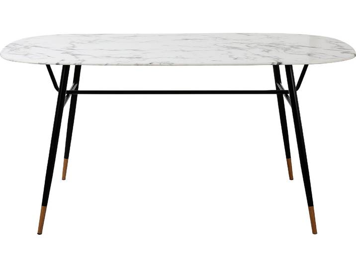 Esstisch MÖBILIA Alannah , schwarz-weiß (weiß, schwarz, schwarz, weiß), B:160cm H:77cm T:90cm, Platte Glas in Marmoroptik, Gestell pulverbeschichtetes Metall, Tische, Rechteckiger Esstisch Esstisch, Tischplatte in Marmoroptik