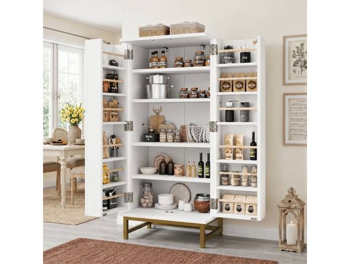 Armoire de rangement cuisine Norevia blanche avec poignées dorées 60 x 40 x 130 cm