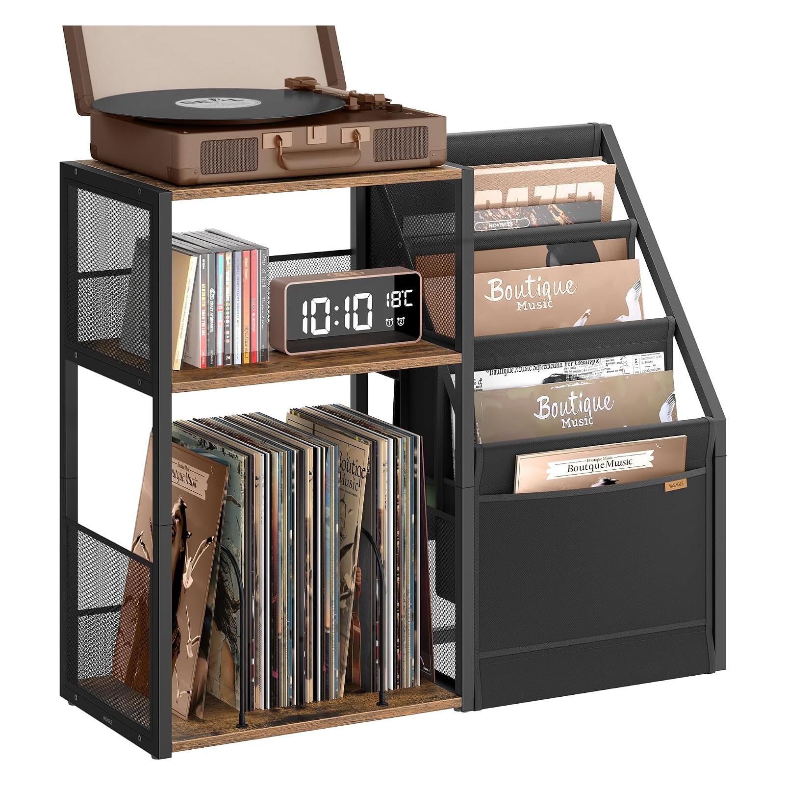 Songmics Plattenspielertisch 81x30x68 cm Vinylregal Industrie Braun (LET276K01)