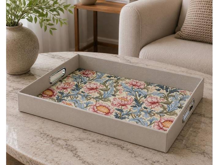 Signature Home Collection Tablett Serviertablett Kunstleder mit Edelstahlgriffen Blumenmuster, (1Tablett), beschichtete Oberfläche abwischbar