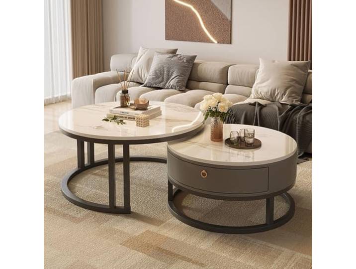 Meihkkud Nesterender Couchtisch-Set aus Marmor mit Schublade, Kombination aus Eleganz und Funktionalität für EIN Zeitgenössisches Wohnzimmer(80+60cm/31.4+23.6in)